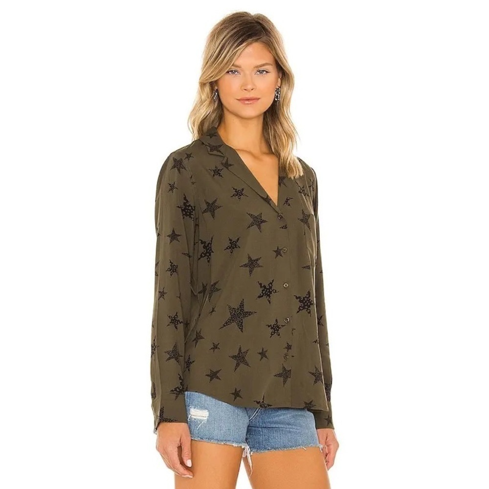 RAILS Olive Cheetah Stars Print Rayon Button Down Rebel Toparmy Shirt EUC Sz XS